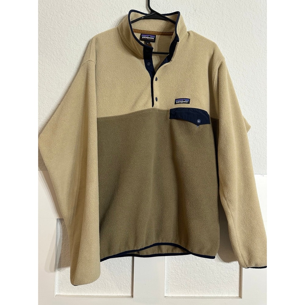 Patagonia Synchilla Snap T Fleece Pullover Sweater Tan Navy Medium